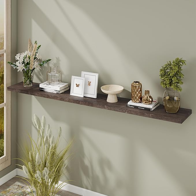 Fun Memories Floating Shelves for Wall, 72" W x 9.3" D Wood Floating Shelf with Invisible Heavy-Duty Metal Bracket, Deep Floating Shelf for Living Room Kitchen, Walnut Finish