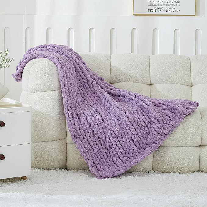 WESHIONGOO Chunky Knit Blanket Throw 40"*40" Knitted Throw Blankets for Couch Bed Fluffy Soft Blanket with Jumbo Chenille Yarn Thick 100% Handmade(Lilca)