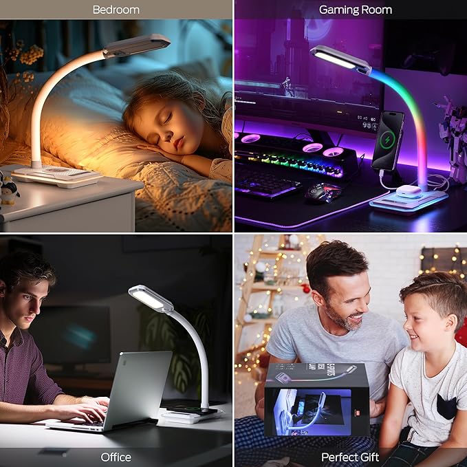 WILIT Desk Lamp with Wireless Charger, Music Sync RGB Color Changing Lights, Gaming Lamp with USB Charging Port, Touch Control Table Lamp, Desktop Light for Home Office Dorm Room, Birthday Gifts