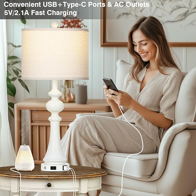 28" Farmhouse Lamps Set of 2 with USB A+C Fast Ports & AC Outlets, Vintage Rustic 3-Way Dimmable Touch Control Table Lamps, Rustic Traditional Bedside Nightstand Lamp for Living Room Bedroom White