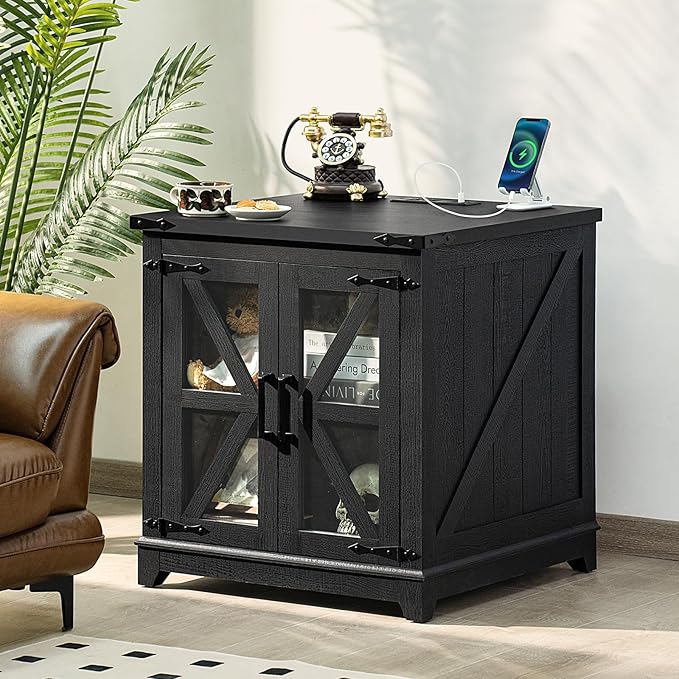 Farmhouse End Table with Charging Station, 24" Large Sofa Side Table with Glass Barn Door,Black Nightstand with Adjustable Storage Shelf,Wood Square Bedside Table for Living Room,Bedroom