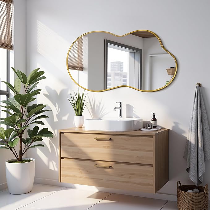 Suidia Irregular Wall Mirror, 36"x20" Bathroom Mirror Asymmetrical Mirrors Artistic Mirrors Decorative for Living Room Bedroom Bathroom Hallway Entryway, Gold, Cloud Style