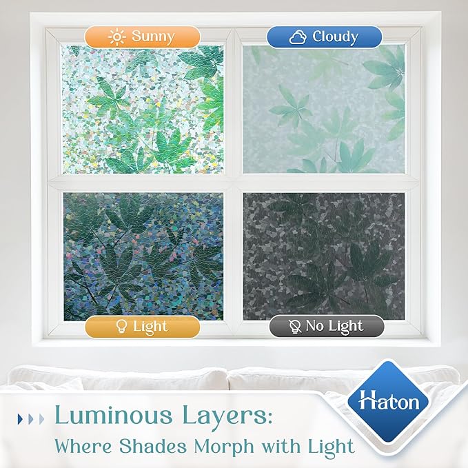 Haton Window Privacy Film, Decorative Stained Glass Window Clings, 3D UV Sun Blocking Sticker, Removable Static Cling Heat Control Tint for Home Door, Leaf Rainbow, 23.6" x 78.7" Non-Adhesive