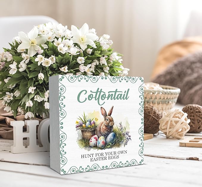 SRADMO Easter Wooden Block Decorative Sign, 5x5 inches, Wood, Tabletop Mount, Multicolor, Easter Theme, Rustic Style, Pre-Printed Text: Cottontail