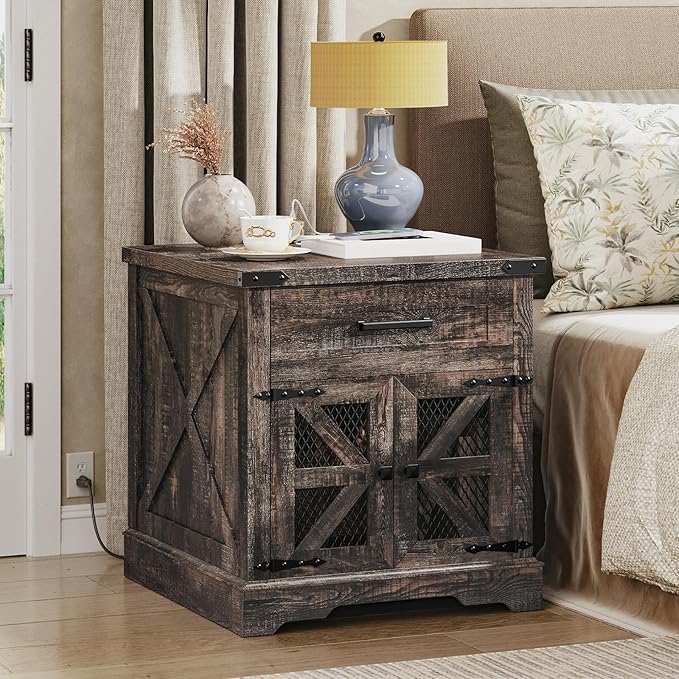 Farmhouse End Table with Charging Station, 24" Large Sofa Side Table with Drawer, Large End Table for Living Room, Wooden Nightstand with Outlet, Square, Dark Rustic Oak