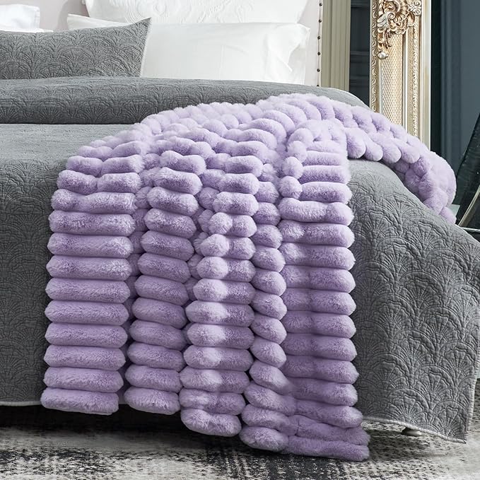 Cozy Bliss Faux Fur Throw Blanket for Couch, Cozy Warm Plush Striped Blanket for Sofa Bedroom Living Room, 60 * 80 Inches Lavender Purple