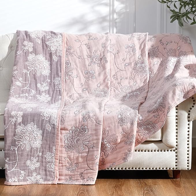 jinchan Boho 100% Cotton Muslin Twin Size 60x80 Inches Blanket Lightweight 4-Layer Quilted Soft Pink Red Floral Throw Blanket Reversible Comfy Flower Breathable All Seasons Couch Bedroom Decor