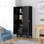 61" Tall Farmhouse Metal Pantry Cabinet, Kitchen Pantry Storage Cabinets with 2 Barn Door and Adjustable Shelves,Metal Pantry Storage Cabinet,for Kitchen,Laundry Room,Home Office,Kids Room (Black)