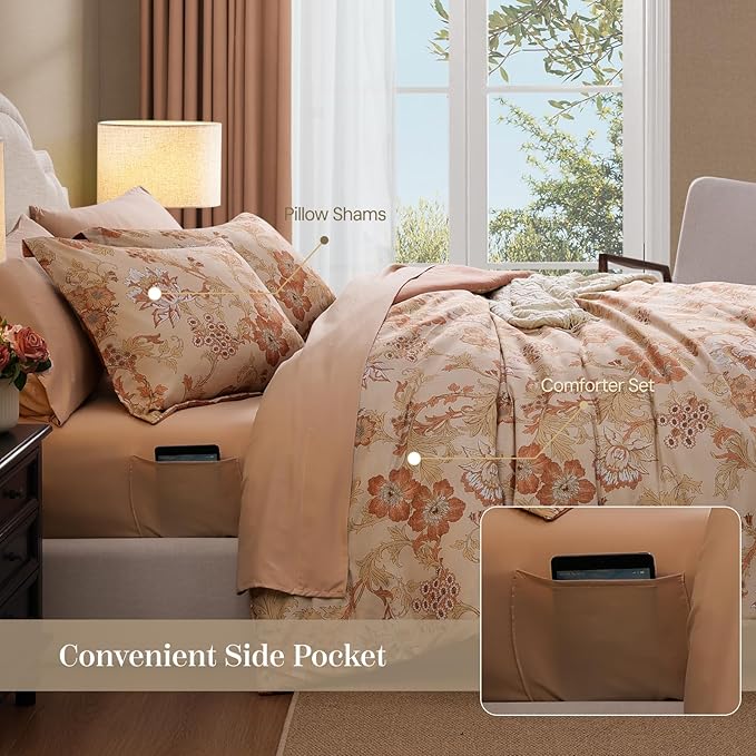 Queen Comforter Set -7 Pieces Terrecotta Floral Comforter Set for All Seasons, Bed in a Bag Queen with Botanical Flowers Comforter, Sheets, Pillowcases & Shams