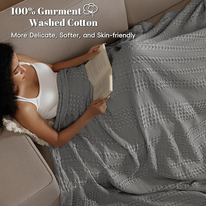 PHF 100% Cotton Waffle Weave Blanket King Size, Soft Lightweight Breathable Cozy Summer Blankets for Bed, Luxury Aesthetic Woven Bedding for Home Decor, 108"x90", Dark Grey