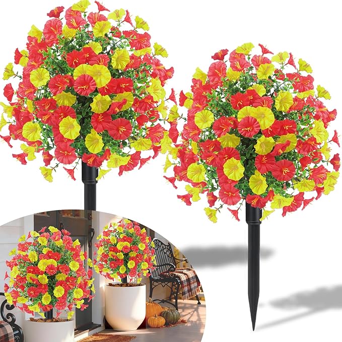 22.8" Set of 2 Fall Artificial Boxwood Topiary Ball Tree for Outdoors with Spike UV Resistant Fake Shrubs Outdoor with Morning Glory Flowers,Faux Plants Bushes for Garden Porch Yard Patio Decor-YR