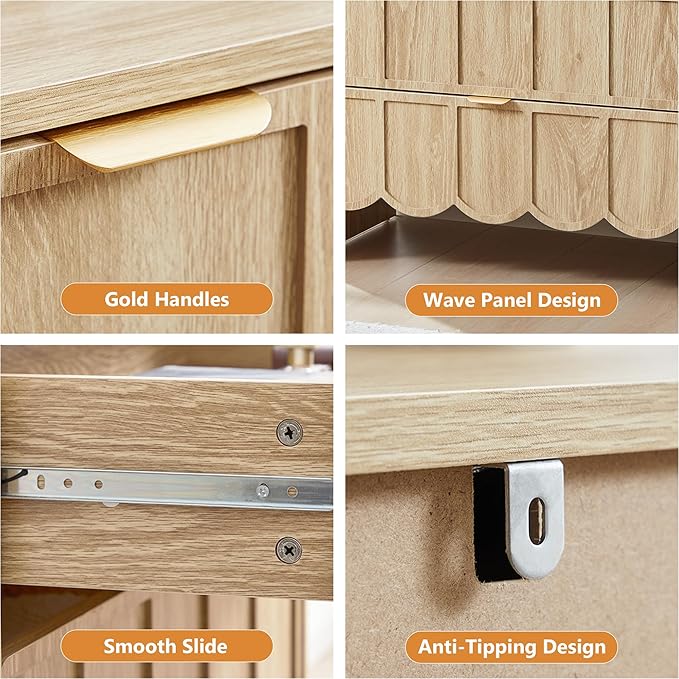 5 Drawer Dresser for Bedroom, Modern Closet Chest of Drawers with Wave Fluted Drawer, Wood Storage Small Dresser Organizer for Nursery Bedroom Living Room Hallway Closet (Natural)