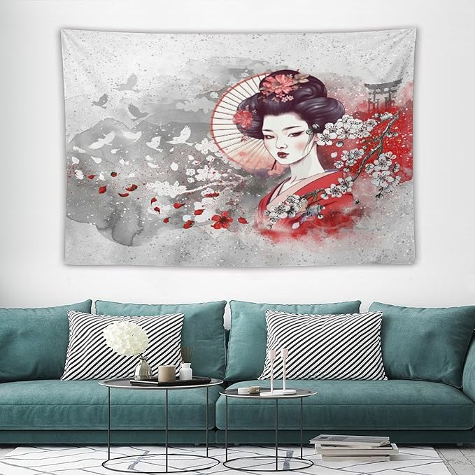 Japanese Geisha Tapestry Asian Red Cherry Blossom Traditional Kimono Folk Tapestries Home Decor for Living Room Bedroom Apartment Farmhouse Dorm 60"x40"