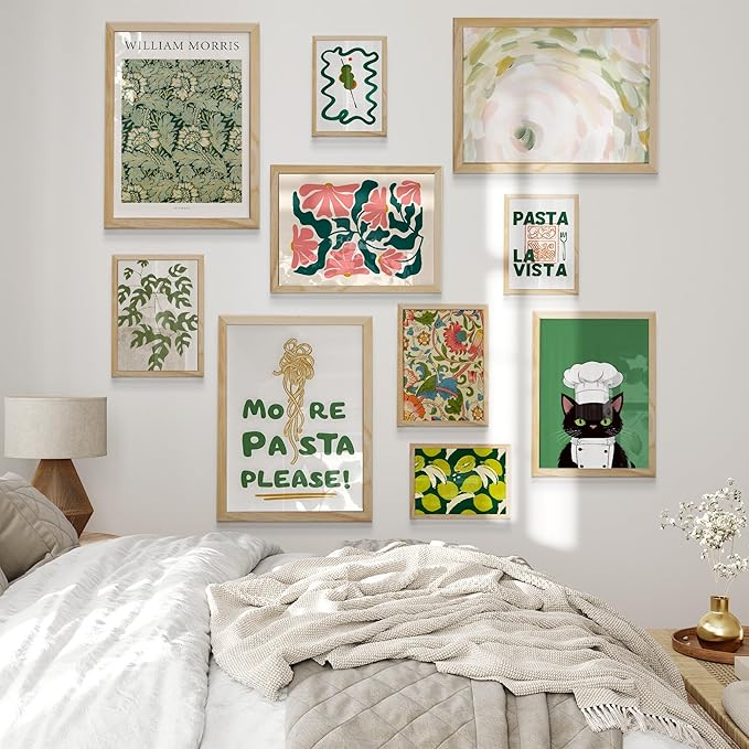 Kitchen Wall Decor, 10 pcs of Framed Kitchen Wall Art Prints, Natural Oak Frames, and Aesthetic Pictures Wall Decor, Sage Green Decor Wall Picture Set