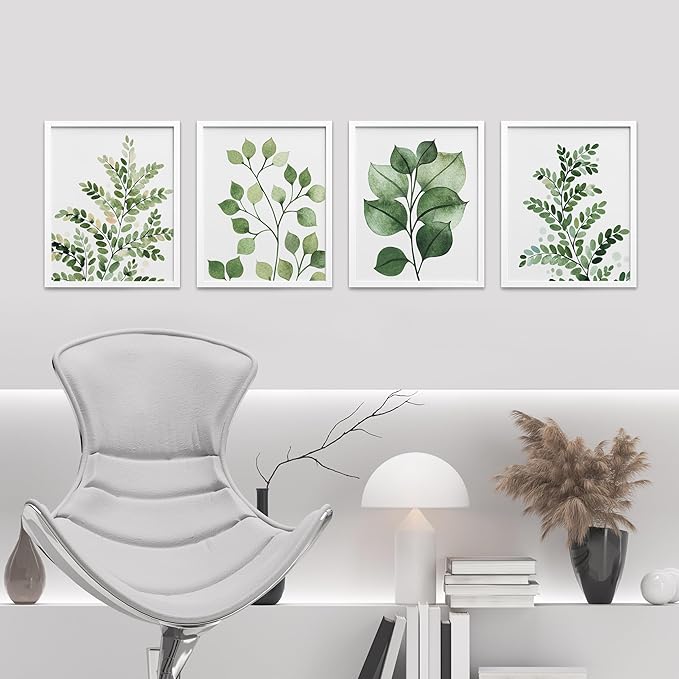 SIGNWIN Framed Green Pastel Forest Fern Leaf Wall Art, Set of 4 Collage Nature Garden Wall Decor Prints, Nature Wilderness Wall D¨¦cor for Living Room, Bedroom - 12"x16" White