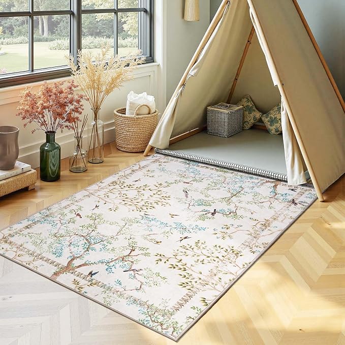 jinchan Botanical Birds 3x5 Ivory Area Rugs for Entryway Washable Non Slip Soft Nature Plants Modern Kids Room Carpet Vintage Ultra Thin Low Pile Rug for Living Room Kitchen Bathroom Front Door