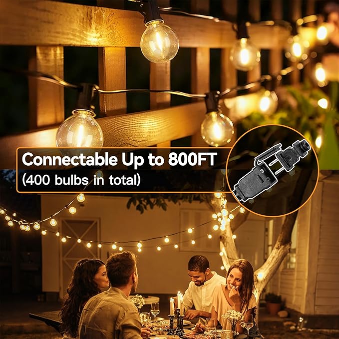 Outdoor Lights with Remote Dimmer, 50 + 3 Spare G40 LED Bulbs Plug in Connectable Patio Light, Waterproof Hanging Lights for Backyard Indoor Camping Balcony Yard Deck Decor (100 FT)