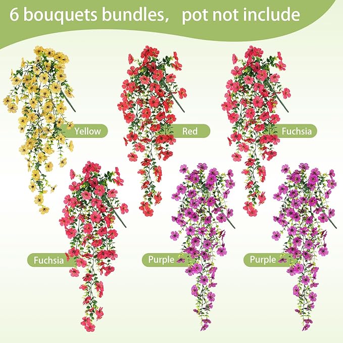 Artificial Hanging Flowers for Outdoors Faux Plants for Spring Summer Decoration,6 Bundles UV Resistant Realistic Silk Flowers Indoor Outside Garden Porch Patio Balcony Yard Farmhouse