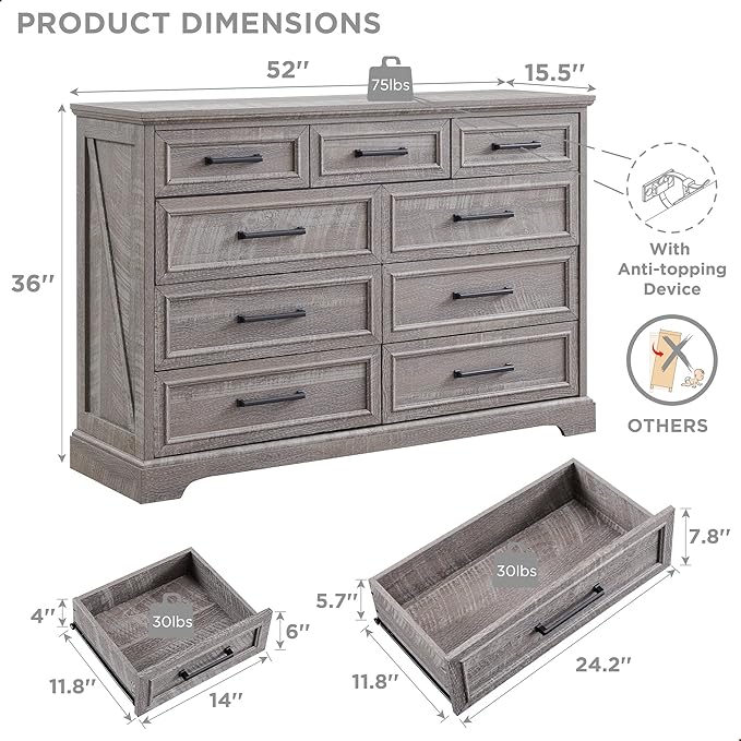ACCOHOHO Farmhouse 9 Drawer Dresser for Bedroom, 36 Inch Tall Modern Dresser TV Stand with Large Drawers & Bar Handles, Rustic Wood Chest of Drawers for Bedroom, Living Room, Hallway, Grey