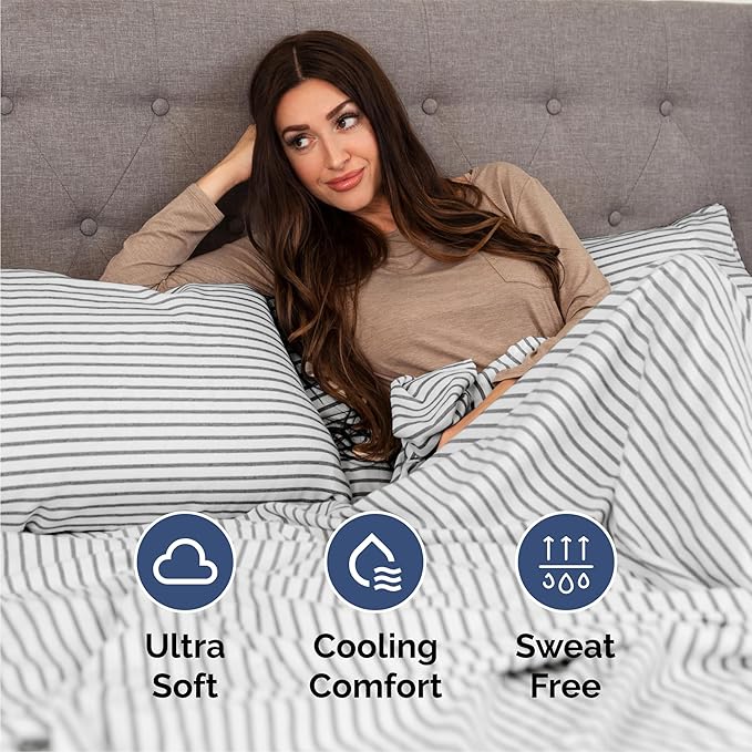 Queen Sheets Set 6 Piece - Includes 4 Pillowcases - Bed Sheets Queen Size - Soft Hotel Luxury Bedding - Cooling, Comfy & Breathable - 1 Flat & 1 Fitted & 4 Pillowcases w/ Deep Pockets - Grey Stripes