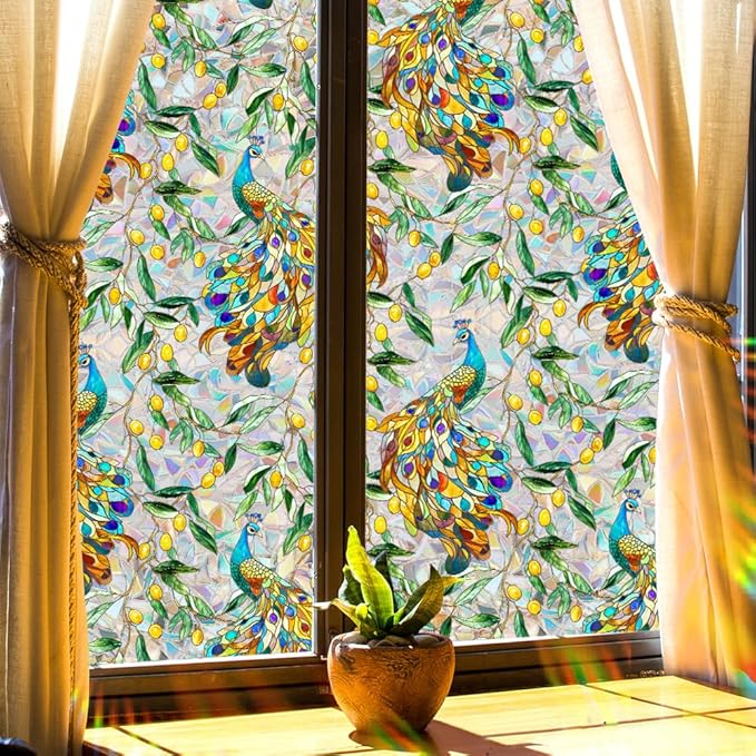 Stained Peacock Window Film Decorative Birds Flowers Static Glass Window Clings Stickers for Home Office Living Room Bedroom Glass Windows Door Decor 16.93 x 39.37 Inches
