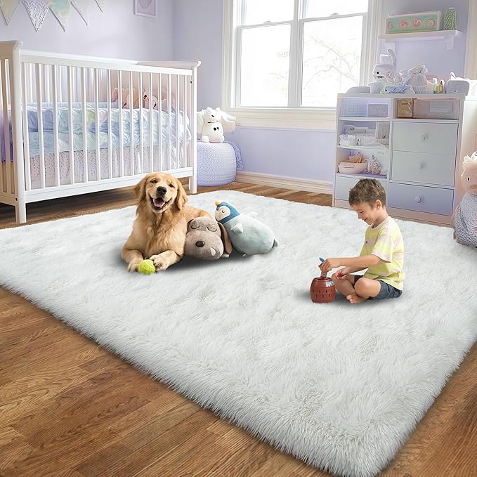 Soft Fluffy Rug for Living Room, 4x6 Cream White Shag Area Rug for Bedroom Living Room, Non-Slip Fuzzy Carpet for Girls Boys Kids, Throw Rugs for Dorm, Modern Home Decor Aesthetic
