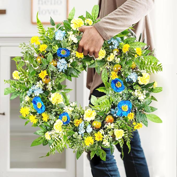 WANNA-CUL 24 Inch Spring Summer Carnation Wreaths for Front Door, Spring Front Door Wreath with Blue &Yellow Flowers Door Wreath with Pomegranates,Daisy for Wedding