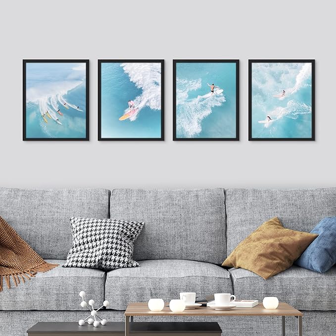SIGNWIN Framed Ocean Nautical Landscape Wall Art, Set of 4 Surfing Surfboard Aerial View Wall Decor Prints, Nature Wilderness Wall Décor for Living Room, Bedroom Black - 12"x16" Black