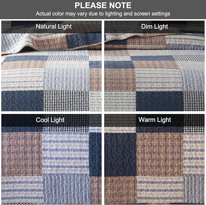 PANGUSHAN 100% Cotton Quilt Set King Size, Patchwork Plaid King Quilt Bedding Set Bedspreads, Farmhouse Lightweight Comforter Reversible Quilt, Navy/Brown/White Bed Spread for King Bed, 3 Pieces