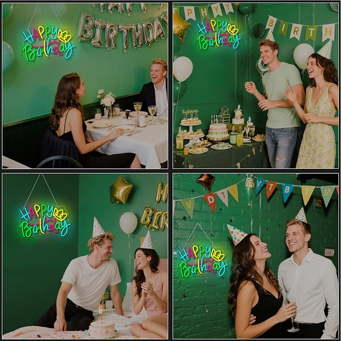 WLHOPE Happy Birthday Neon Sign Dimmable Led Lights for party Wall Decor USB Powered Transparent Acrylic Board Light Signs for club children kids friends gift Decoration16.54 * 11.02 inch