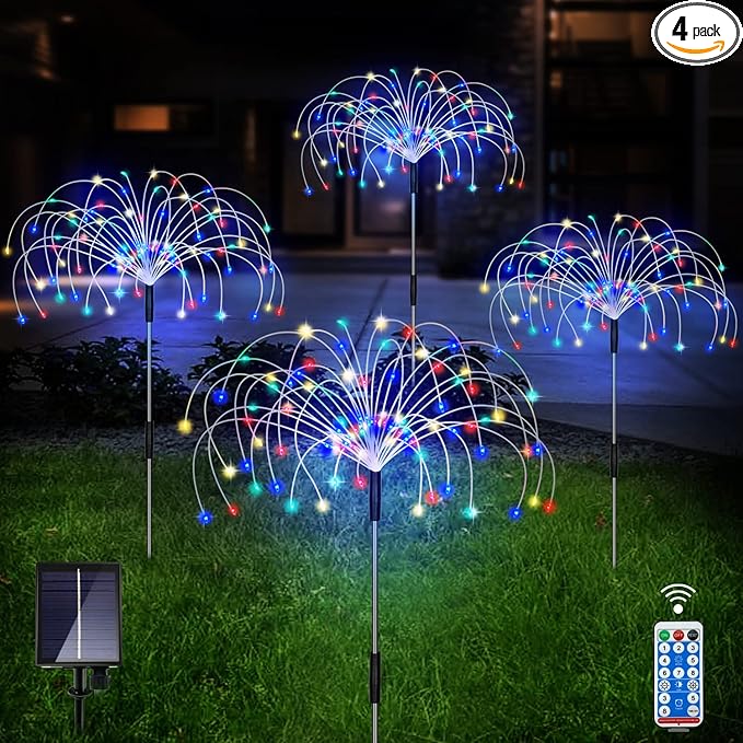 Outdoor Solar Garden Lights, 4 Pack 120 LED Copper Wire Waterproof Garden Fireworks Lamp with Remote, 8 Modes Decorative Sparkles Stake Landscape Light for Pathway Lawn Decor (Colorful)