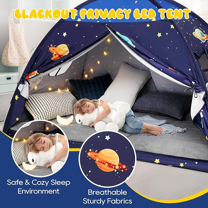 Twin Bed Tent Canopy, Space Indoor Blackout Privacy Toddler Bed Tent for Kids with Light, Portable Sleeping Floor Kids Playhouse (Blue)