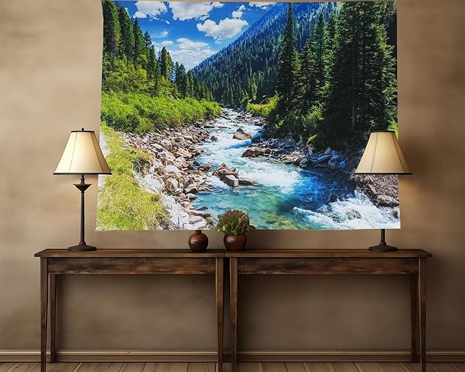 Nature Forest Mountain Tapestry Green Pine Tree Stream Tapestry White Clouds Flowing River Valley Landscape Scenery Tapestries Wall Hanging for Bedroom Dorm Living Room Office Classroom 47 x 35 Inch