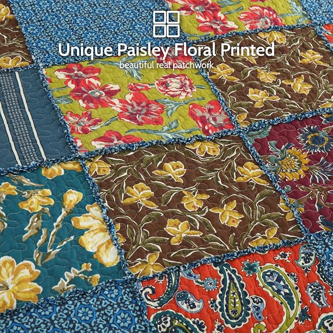 Yvooxny Queen Quilt Set Reversible Paisley Queen Size Quilted Bedspread Coverlet Set Country Farmhouse Cottage Quilted Bedding Set with Pillowcases for All Seasons, Queen Size, 98 * 90 Inches