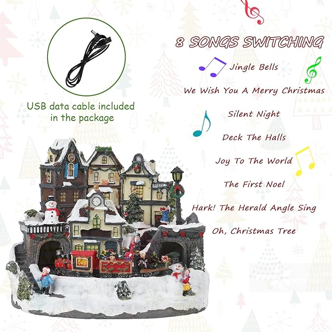 taman Christmas Village Houses - Collectible Buildings with Moving Train, Family & Snowman, Warm Light Musical Ornaments for Christmas Holiday Decorations