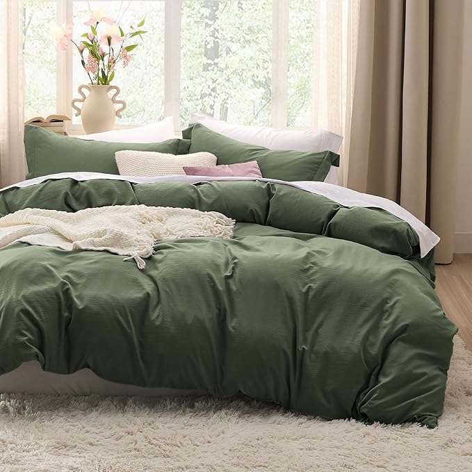 Bedsure Olive Green Oversized Queen Duvet Cover - 3 Pieces Prewashed Cotton-Like Extra Soft Bedding Set, Includes 1 Duvet Cover 98x98 Inches with Zipper Closure & 2 Pillow Shams, No Comforter