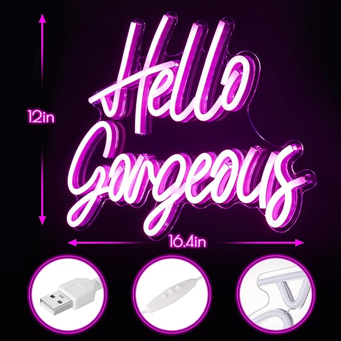 Kavaas Hello Gorgeous Neon Signs for Wall Decor, Hello Gorgeous Neon Light Sign with Dimmable Switch - Hello Gorgeous Sign for Girls Bedroom, Makeup Room Decor (Pink)
