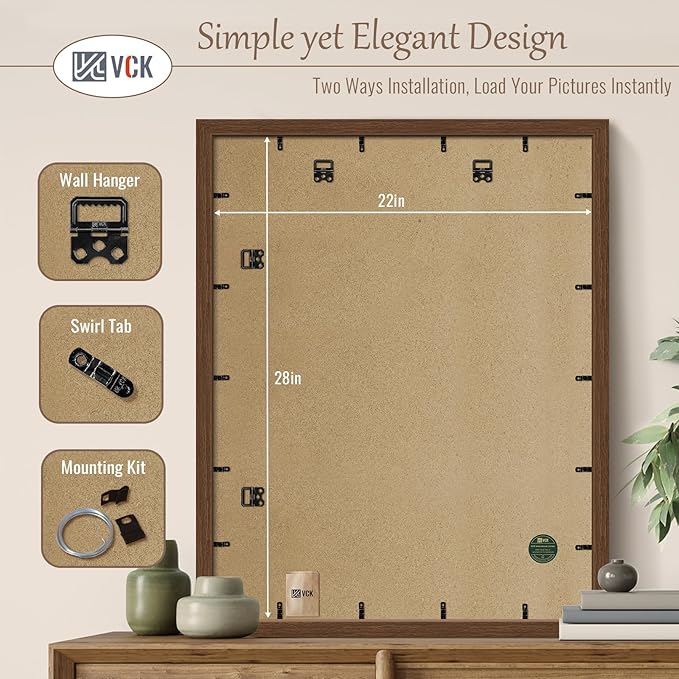 VCK 22x28 Picture Frame 3 Pack, Brown Wood Poster Frame with Exclusive Wood Grain, Wall Mounting Hanging