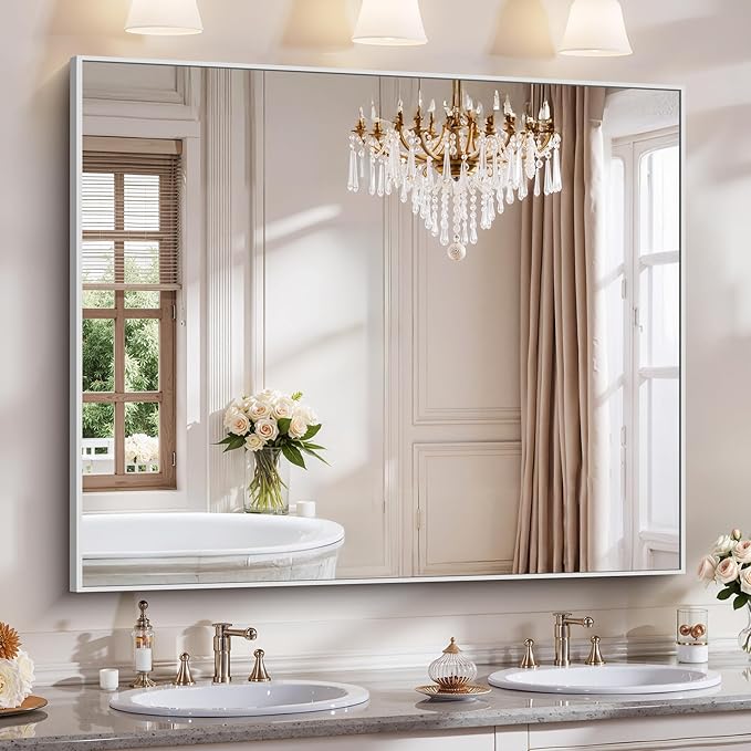 YIROMAN Bathroom Mirror 48"x40", Large Brushed Silver Bathroom Mirror for Over Sink with Aluminum Frame, Rectangular Vanity Mirror with Right Angle, Wall Mirror Hangs Horizontal or Vertical