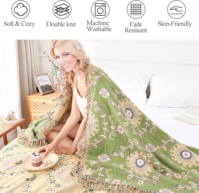 Snycler Boho Throw Blanket 60"x80" - 100% Cotton Ultra Soft Rustic Quilt, Green Floral Printed Farmhouse Decor for Bed, Sofa, Couch, Chair - All Season Cozy Blanket
