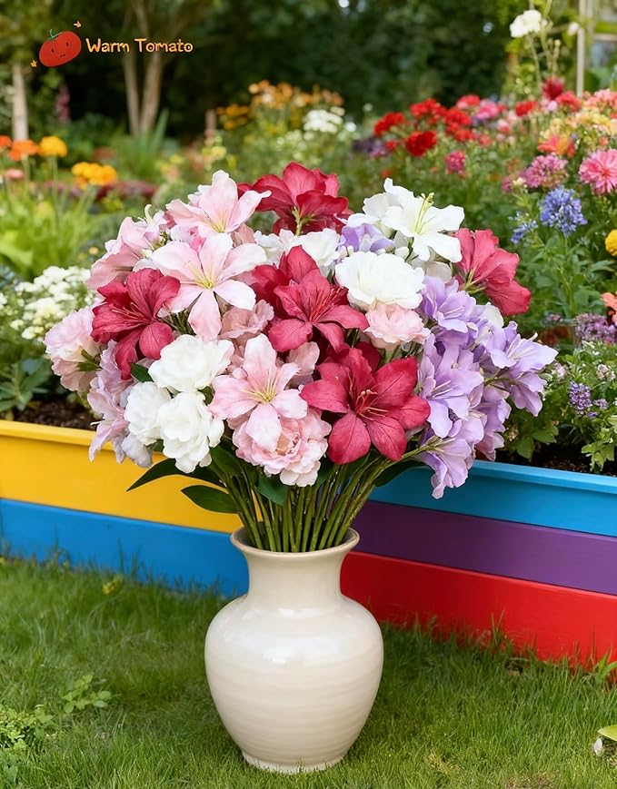 10-Bud Artificial Lily Flowers, 4 Pcs Fake Outdoor Flowers, UV Resistant Faux Flowers for Outdoor Planters, Silk Flowers for Wedding Decoration (Mixed)