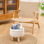 Wimarsbon Pouf Ottoman, 100% Cotton Knitted Boho Footstool, Round Footrest with Non-Skid Wood Legs, Home Décor Handmade Pouffe, Leisure Floor Step Stool for Living Room (Storage Beige)