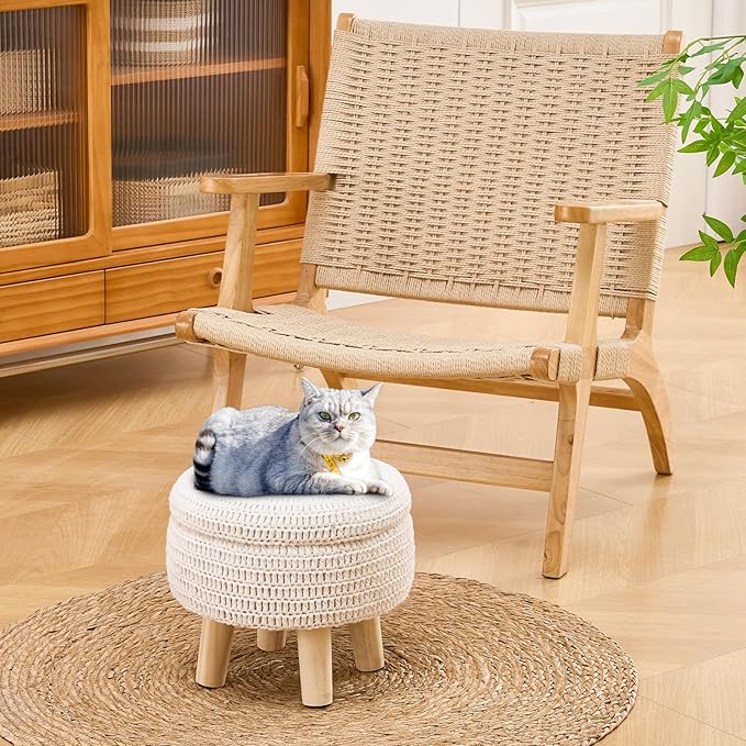 Wimarsbon Pouf Ottoman, 100% Cotton Knitted Boho Footstool, Round Footrest with Non-Skid Wood Legs, Home Décor Handmade Pouffe, Leisure Floor Step Stool for Living Room (Storage Beige)