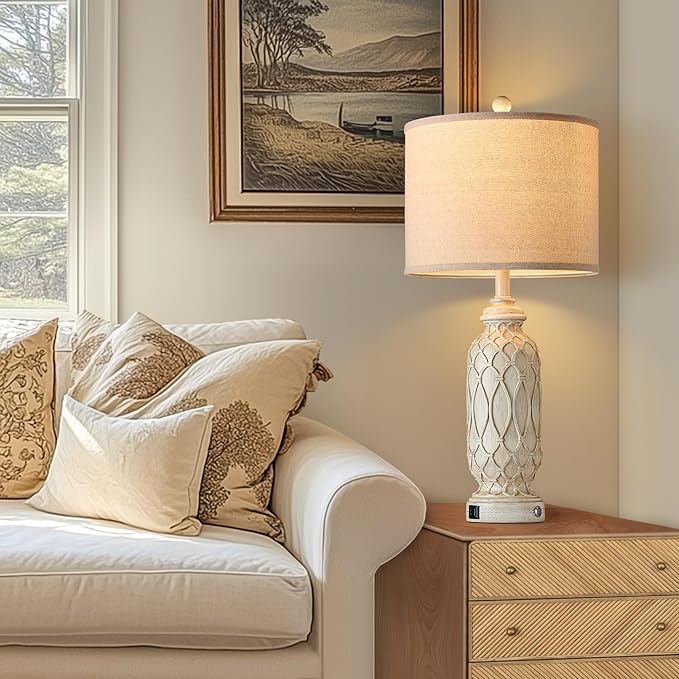 28" Table Lamps for Living Room Set of 2, Farmhouse Lamps for Bedroom with USB Ports, 3-Way Dimmable Nightstand Table Lamp (Bulbs Included)