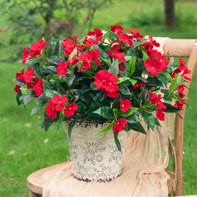 Artificial Impatiens Bouquet Flowers for Outdoors Silk Faux Flowers for Outdoor Impatiens Plants Decor Indoor Planters Kitchen Planters and Balcony Decorations 4PCS (Red)