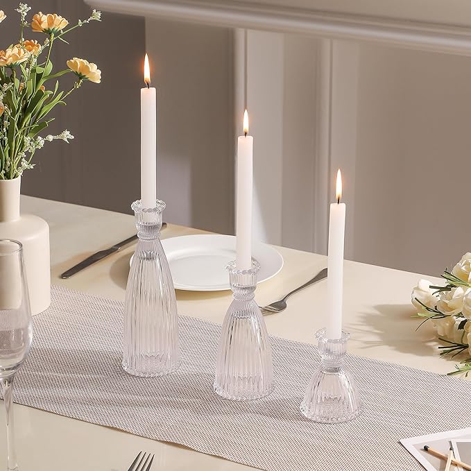 Vertical Stripe Candlestick Holders Set of 3, Premium Glass Candle Holders for Candlesticks and Taper Candles, Vintage Candle Holder Decor for Table Centerpiece, Clear