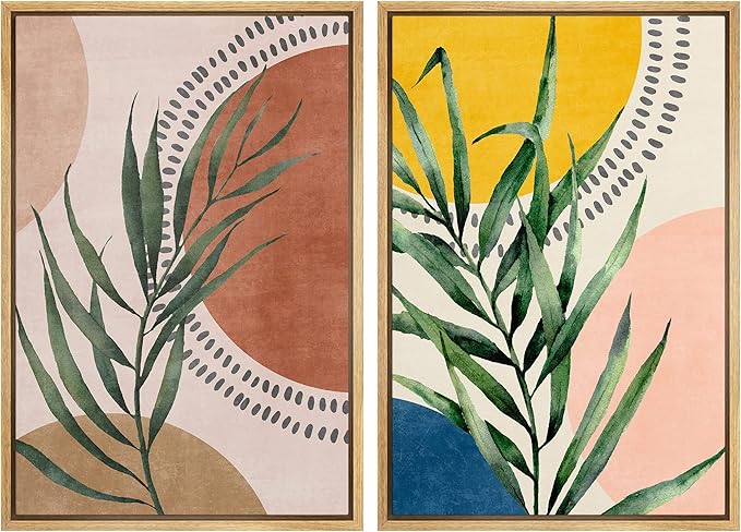 SIGNFORD Framed Canvas Print Wall Art Set Geometric Mid-Century Circle Plants Abstract Shapes Illustrations Modern Art Decorative Zen Bohemian for Living Room, Bedroom, Office - 16"x24"x2 Natural
