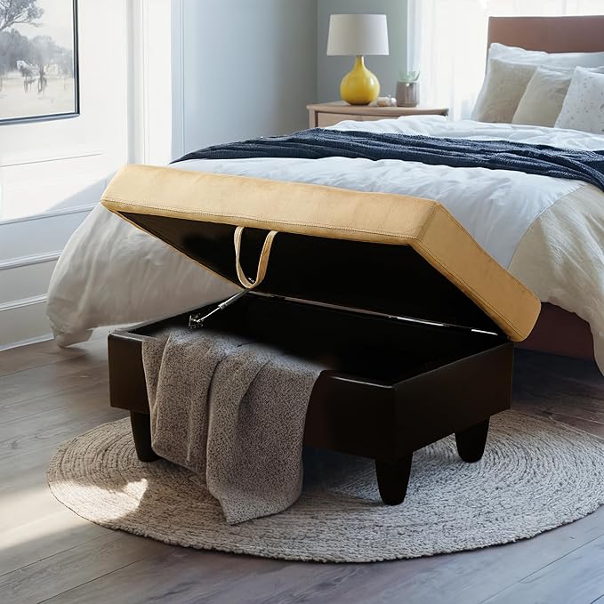 Ottoman Rectangular Storage Ottoman Bench, Flannel Footrest Stool Footstool with Lid for Living Room, Bedroom, Entryway, Champagne&Black, 35"x23.5"x17.5"