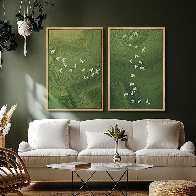 SIGNFORD Framed Canvas Print Wall Art Set Green Swirl Abstract White Birds Illustration Modern Art Decorative Nordic Nature for Living Room, Bedroom, Office - 16"x24"x2 Natural
