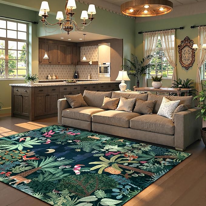 LIVEBOX 6x9 Jungle Dark Rug Dining Room Rugs for Under Table, Soft Modern Green Rugs for Living Room, Washable Kids Rug for Boy Bedroom, Non-Skid Kids Carpet Playmat for Play